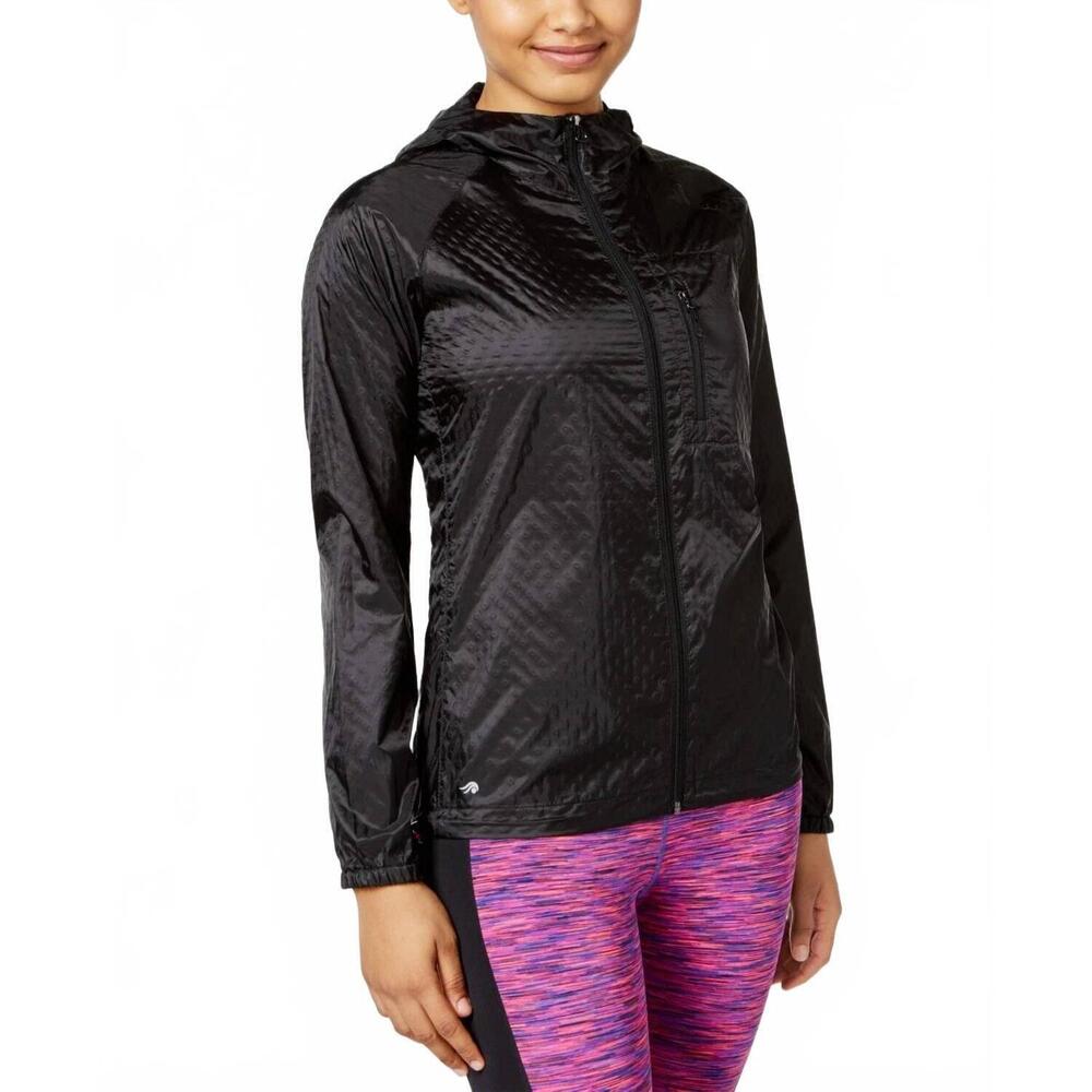 NEW IDEOLOGY activewear hooded lightweight athletic rain jacket in noir